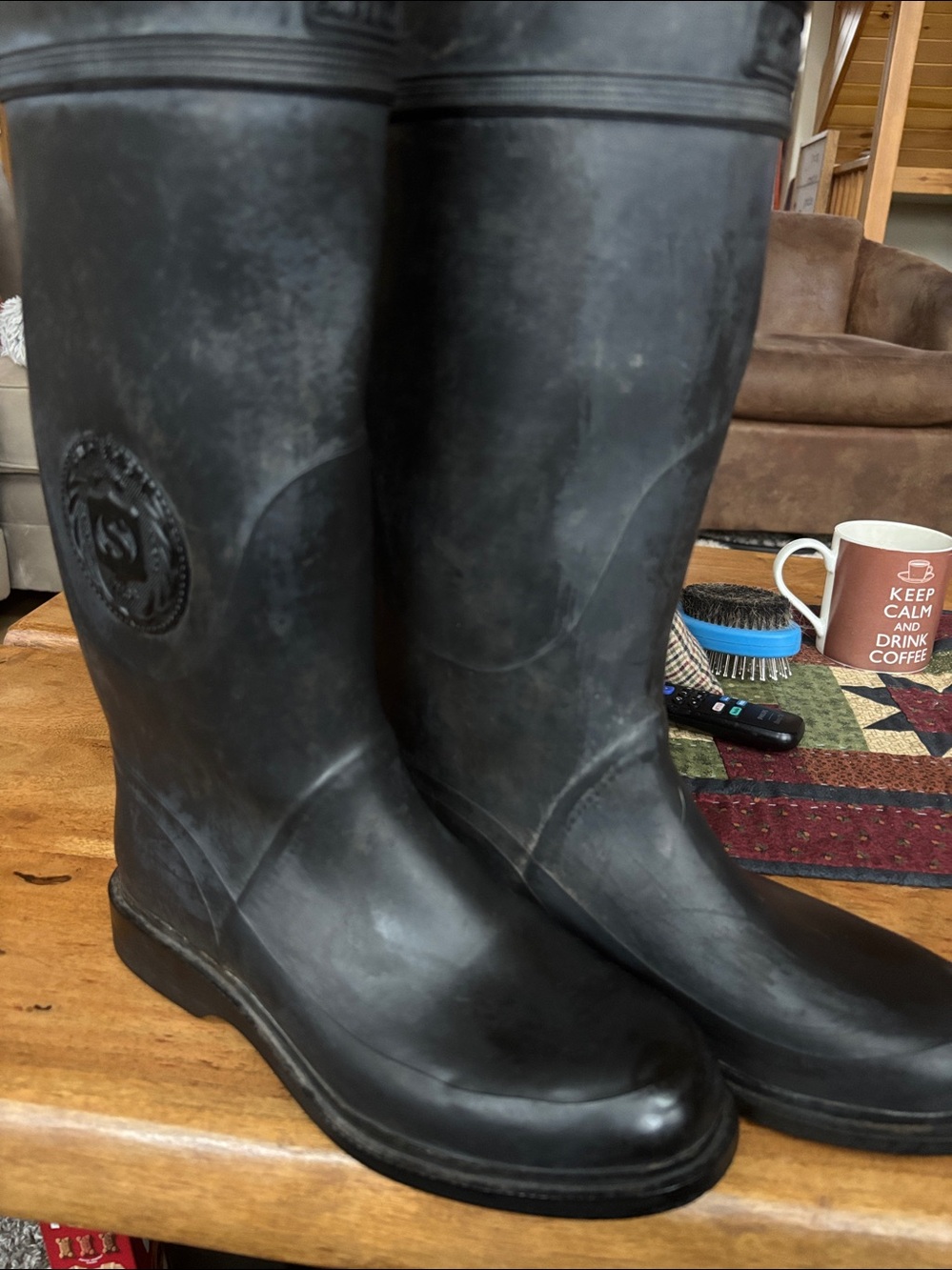 Sperry Black Rubber Tall Rain Boots with Burgundy Lining